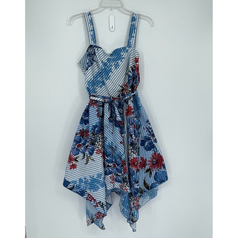 Roz & Ali Women's Blue Floral Striped Handkerchief Hem Fit & Flare Dress Size 10